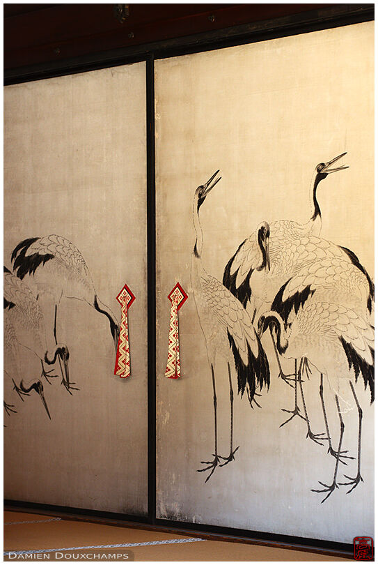 Japanese crane painting on sliding doors in Imperial Palace, Kyoto, Japan