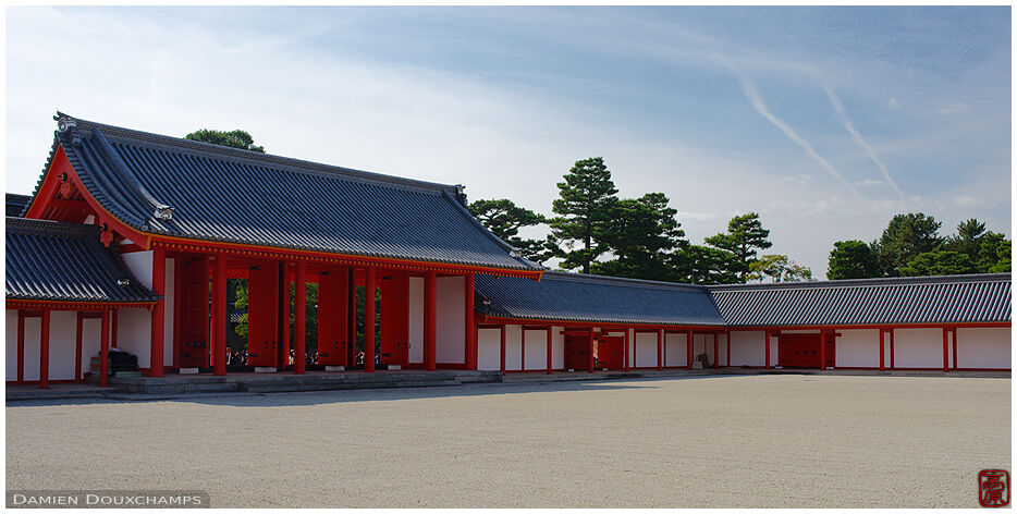 The wide expanse of a courtyard in the imperial palace of Kyoto, Japan