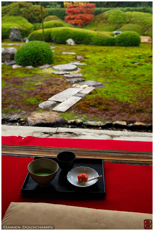Maccha tea and wagashi with a view on Ikkai-in garden, Kyoto, Japan