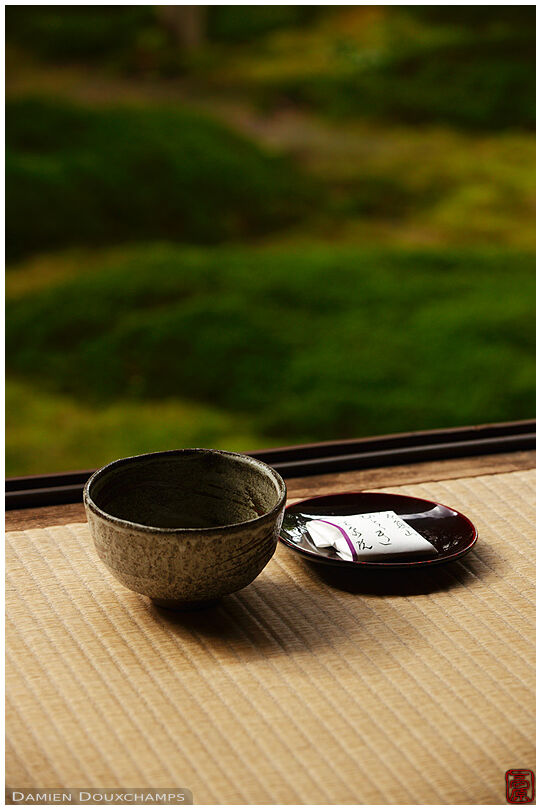 Green tea and sweet on the edge of moss garden, Hosen-in temple, Kyoto