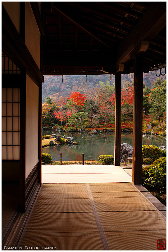 The terrace and pond of Tenryu-ji temple in autumn, Kyoto, Japan