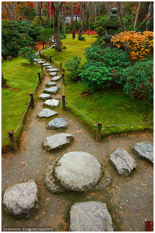 Stepping stones winding across a moss garden of Okochi-sanso, Kyoto, Japan