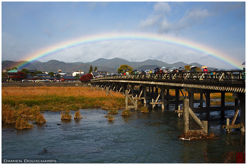 Rainbow over the Togetsu bridge in Arahiyama, Kyoto, Japan