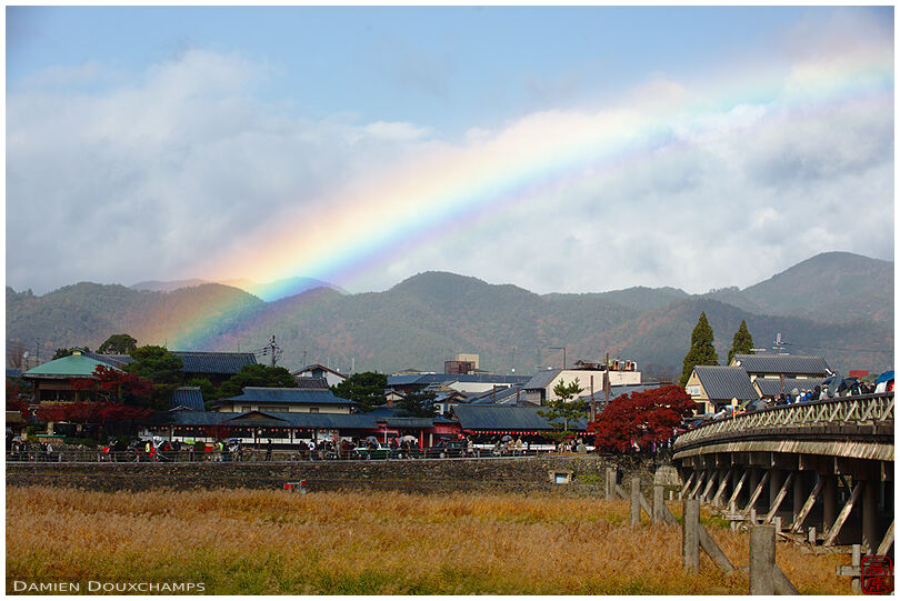 Rainbow over Arashiyama and the Togetsu bridge, Kyoto, Japan