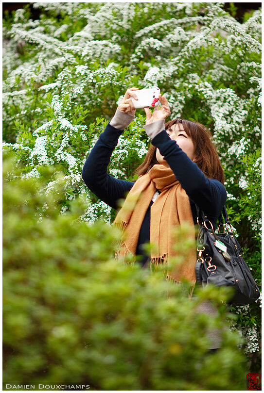 Woman photographing spring flowers in the Haradani-en garden, Kyoto, Japan