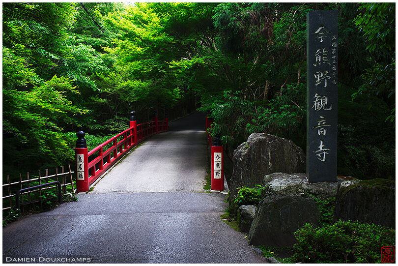 Red bridge in dark green forest, Imakumano Kannon-ji temple, Kyoto, Japan