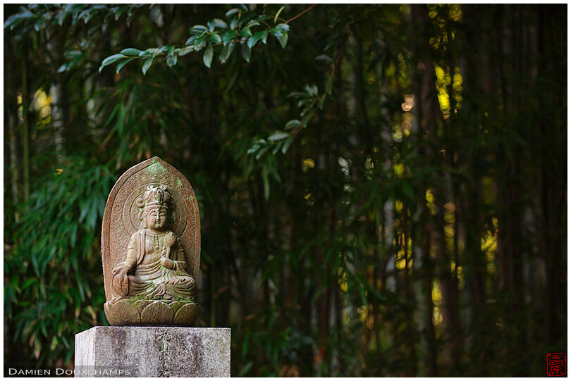 Buddha or jizo statue amidst bamboo, Kajuji temple, Kyoto, Japan