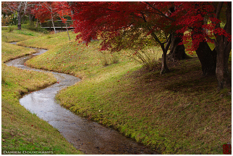 Water stream winding through the Heian-kyo garden, Kyoto, Japan