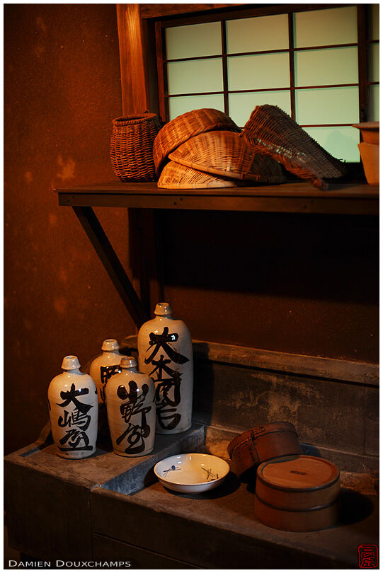 Old kitchen with utensils in the Rakushisha, Kyoto, Japan