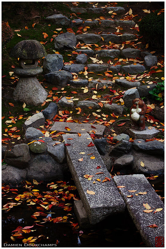 Autumn leaves fallen on stone bridge and stairs, Shoko-in temple, Kyoto, Japan