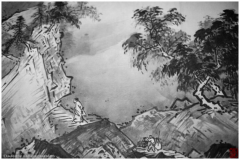 Charcoal painting of a pilgrim and his aide in Seirai-in temple, Kyoto, Japan