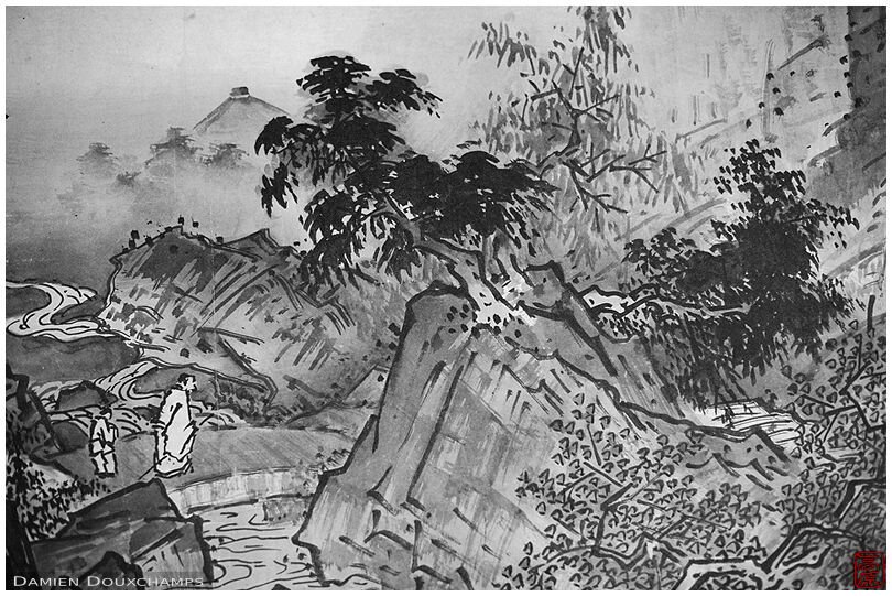 Painting of a pilgrim and his assistant waling in jagged landscape, Seirai-in temple, Kyoto, Japan