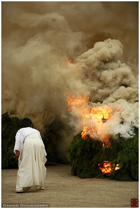 Attending the tablets-burning fire during an annual festival in Heian-jingu shrine, Kyoto, Japan