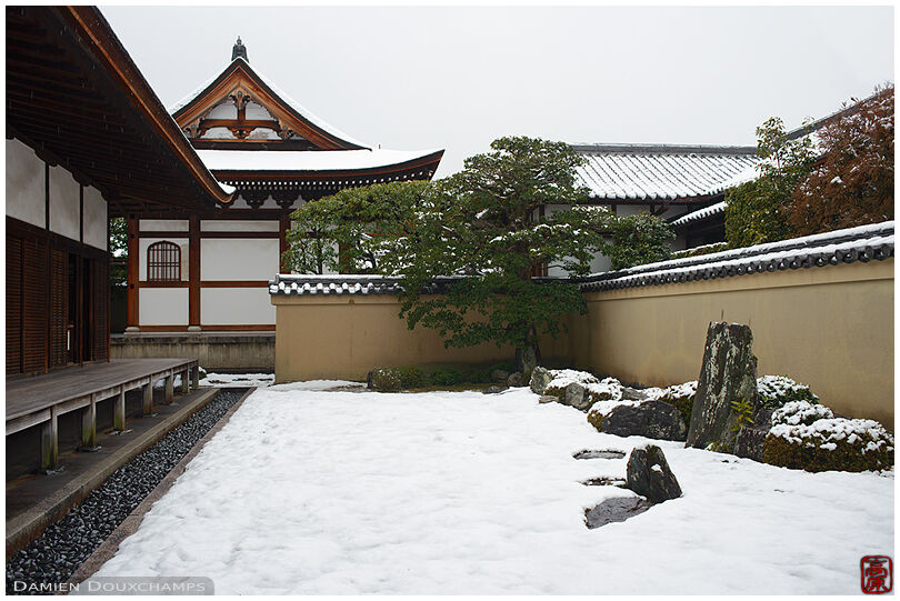 Snow-covered moss garden, Ryogen-in temple, Kyoto, Japan