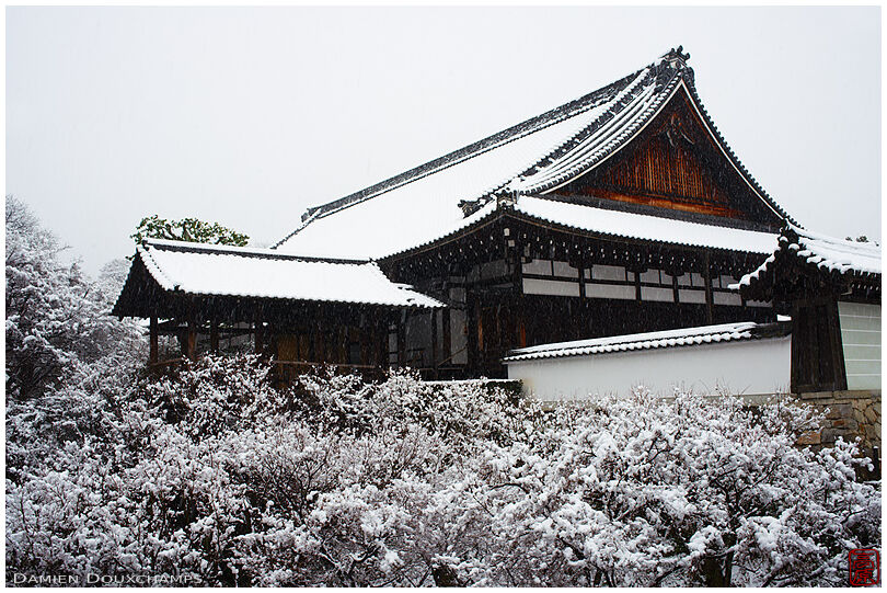 Light snow over the hojo building of Tofuku-ji temple, Kyoto, Japan