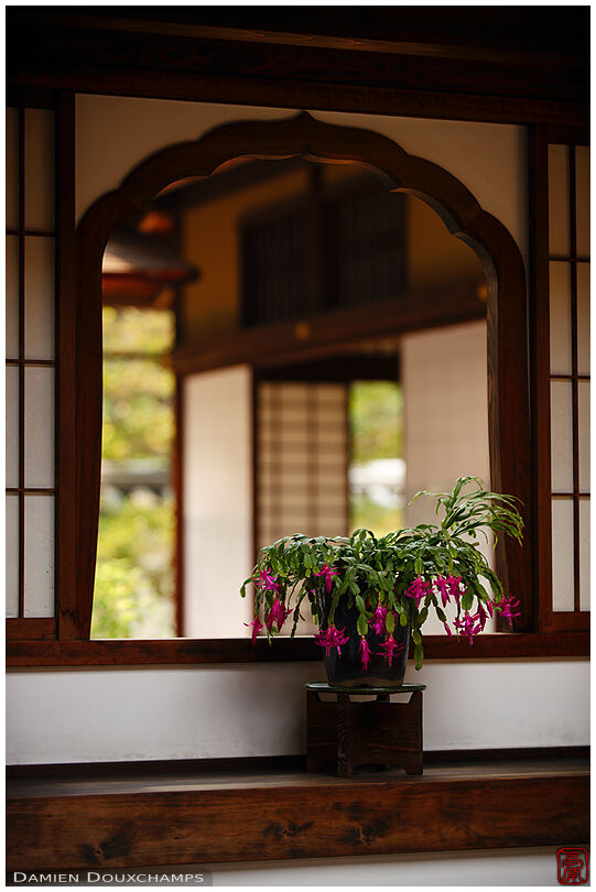 Flowers decorating a bellflower-shaped window in Shōtaku-in temple, Kyoto, Japan