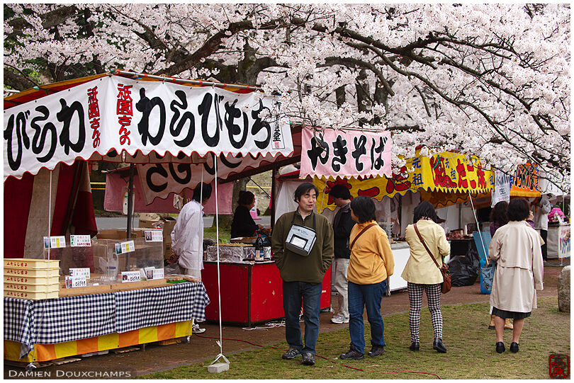 Food stalls during peak cherry-blossom season in the popular Kaizu-osaki area on the shores of Biwako lake, Shiga, Japan
