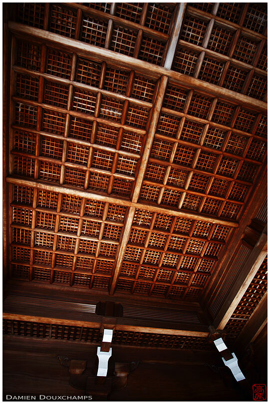 Intricate multi-resolution wooden ceiling structure in Omi-Jingu shrine, Shiga, Japan
