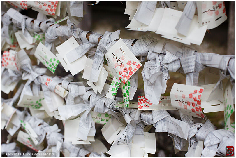 Votive offerings and discarded fortunes, Sanzen-in temple, Kyoto