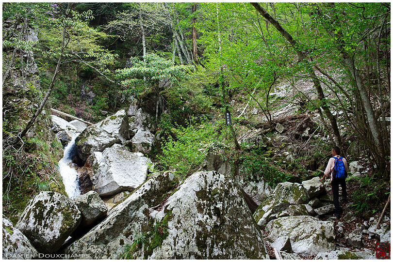 Hiker on the eight waterfalls trail in Shiga, Japan