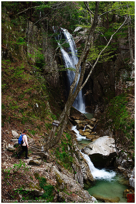 Hiker and waterfall on the yatsubuchi trail, Shiga, Japan