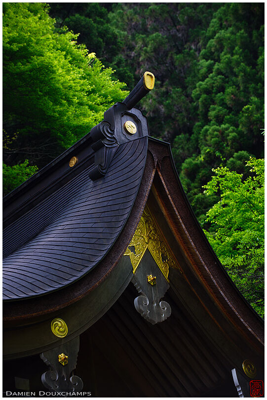 Typical shinto shrine roof architecture with golden accents, Kibune, Kyoto, Japan