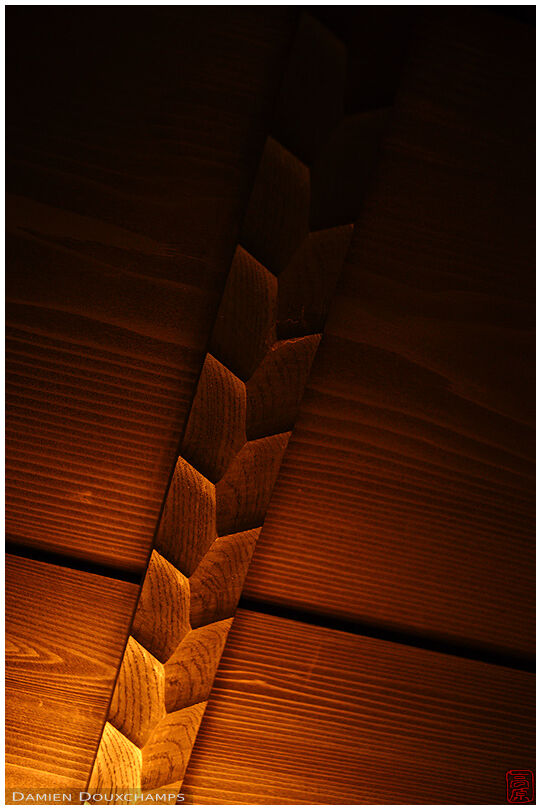 Ceiling woodwork detail in the old age0ya of Watchigai-ya, Kyoto, Japan
