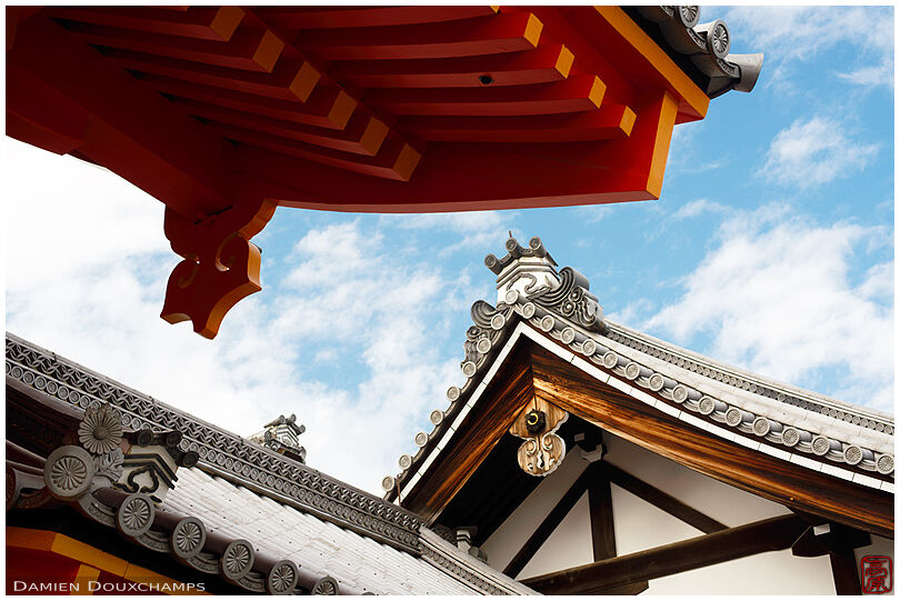 Various roof lines filling the frame in the Kyoto Imperial Palace, Japan