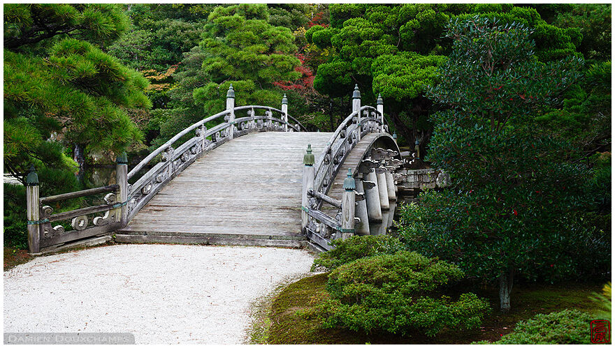 Wooden bridge in the garden of the Imperial Palace, Kyoto, Japan