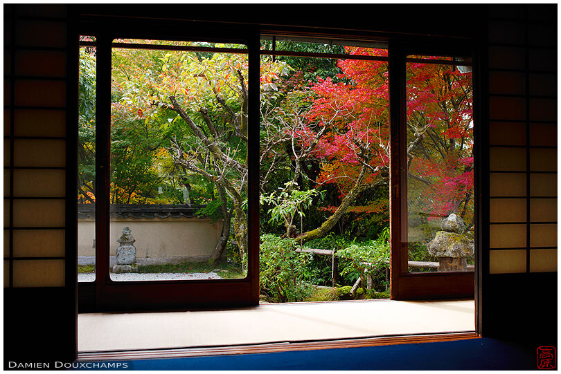 Bay window with view on garden in autumn in Nobotoke-an temple, Kyoto, Japan