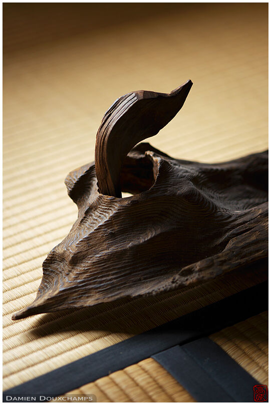 Naturally duck-shaped piece of wood in a tea room of Nobotoke-an, Kyoto, Japan