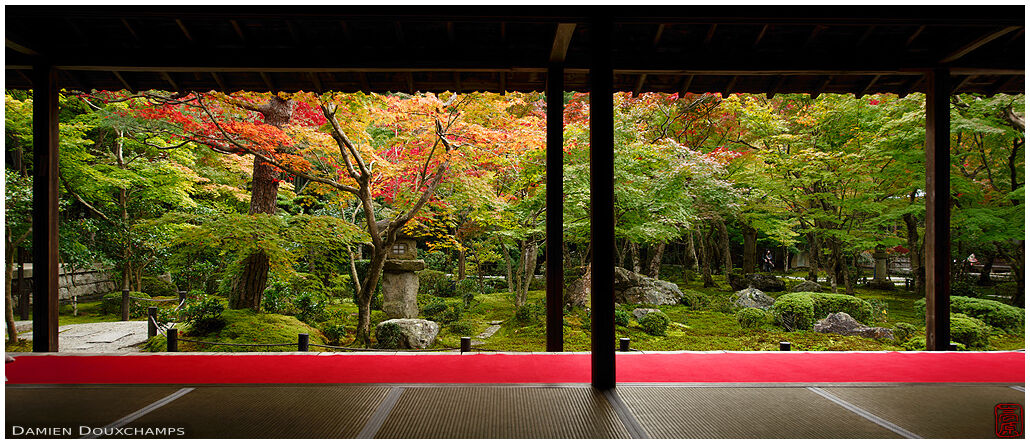 Main hall with view on early autumn colors in Enko-ji temple, Kyoto, Japan