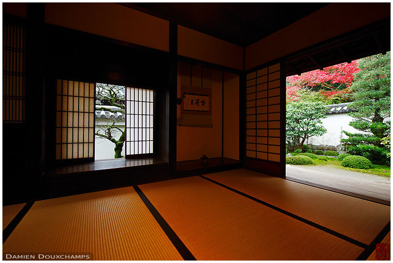 Winter and autumn windows in a small pavilion of Shuon-an temple, Kyoto, Japan