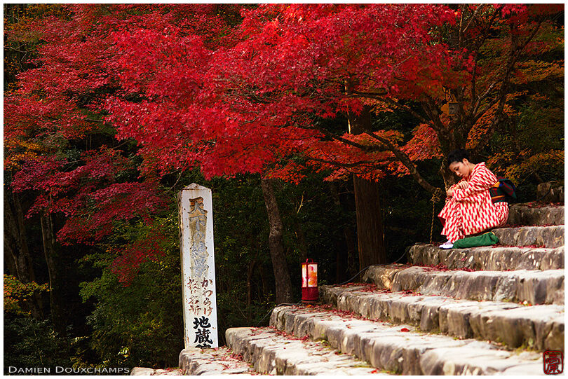 Woman with classic autumn kimono on the stairs to Jingo-ji temple main hall, Kyoto, Japan