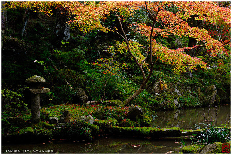 Small lantern and mossy stone bridge in a corner of Kongorinji temple grounds, Shiga, Japan