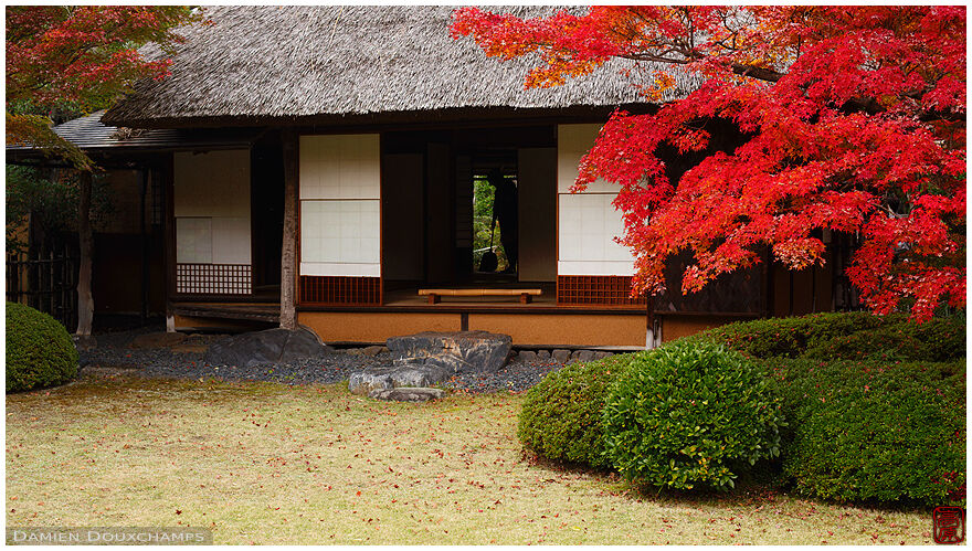 A thatched roofed tea house in autumn, Kachū-an, Kyoto, Japan
