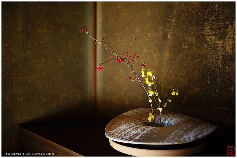 Simple seasonal floral composition in a very peculiar vase, Anraku-ji temple, Kyoto, Japan
