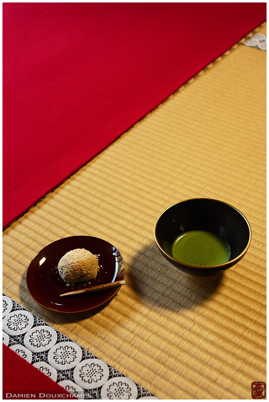Macha green tea and sweet served in Koun-ji temple, Kyoto, Japan