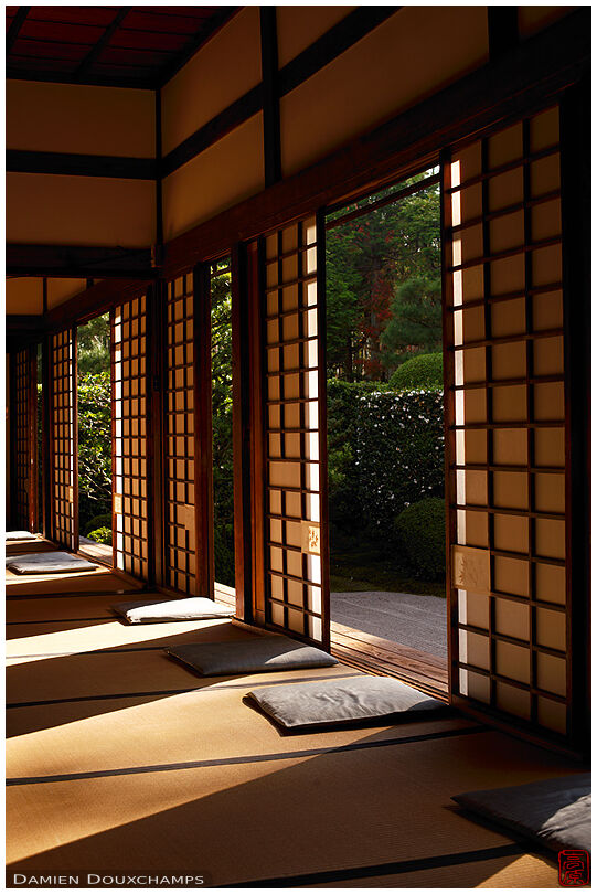 Sun beaming through openings in shoji in Funda-in temple, Kyoto, Japan