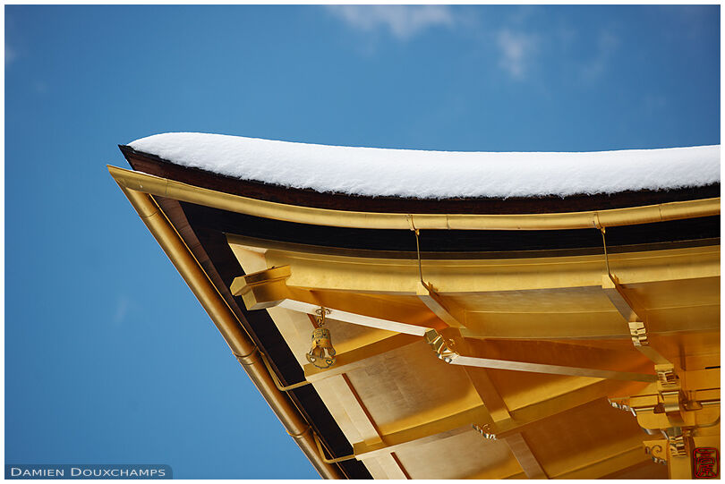 Roof detail of snow covered Kinkaku-ji, Kyoto, Japan