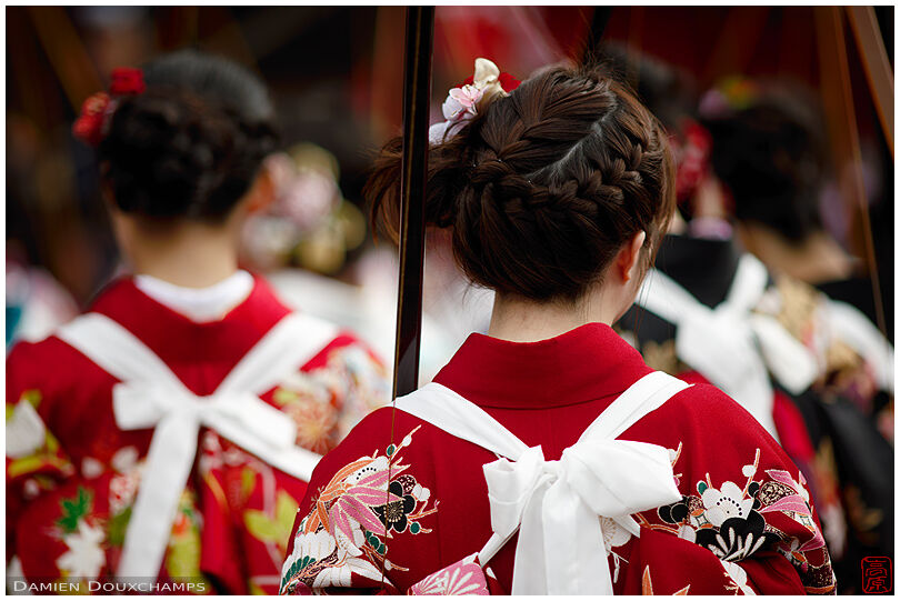 Young lady in kimono participating in the Toshiya archery competition in Sanjusangen-do temple, Kyoto, Japan