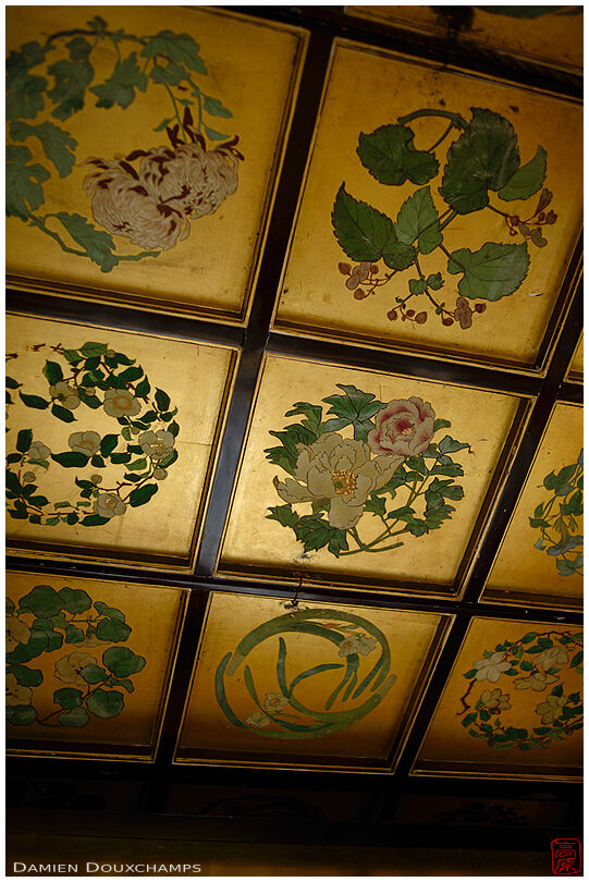 Floral decorations on the golden ceiling of a float during the Gion festival, Kyoto, Japan