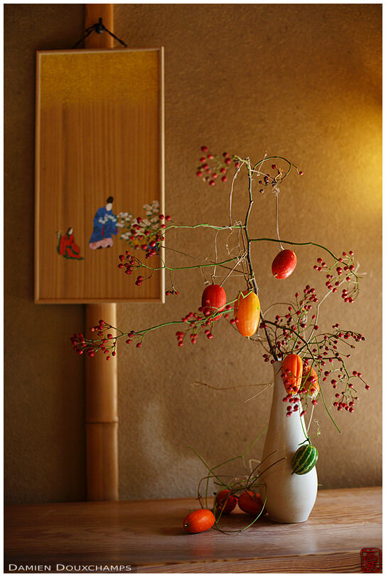 Autumnal floral composition in the Hosen-do tea house, Kyoto, Japan