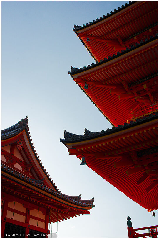 Red pagoda roof lines, Kiyomizudera temple, Kyoto, Japan