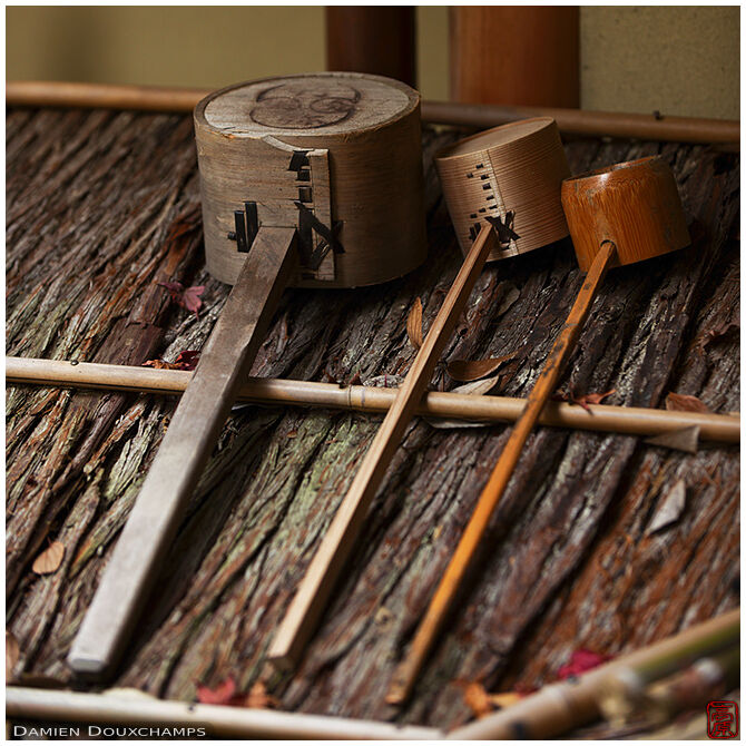 A collection of pine and bamboo ladles drying near the tea house of Hakusa-sonso, Kyoto, Japan