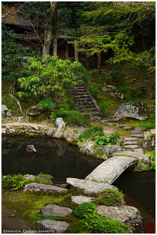 Stone bridge leading to small shrine in the back garden of Honen-in temple, Kyoto, Japan