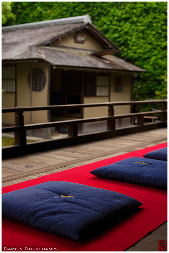 Cushions waiting for zen meditation near the tea house of Shodeneigen-in temple, Kyoto, Japan