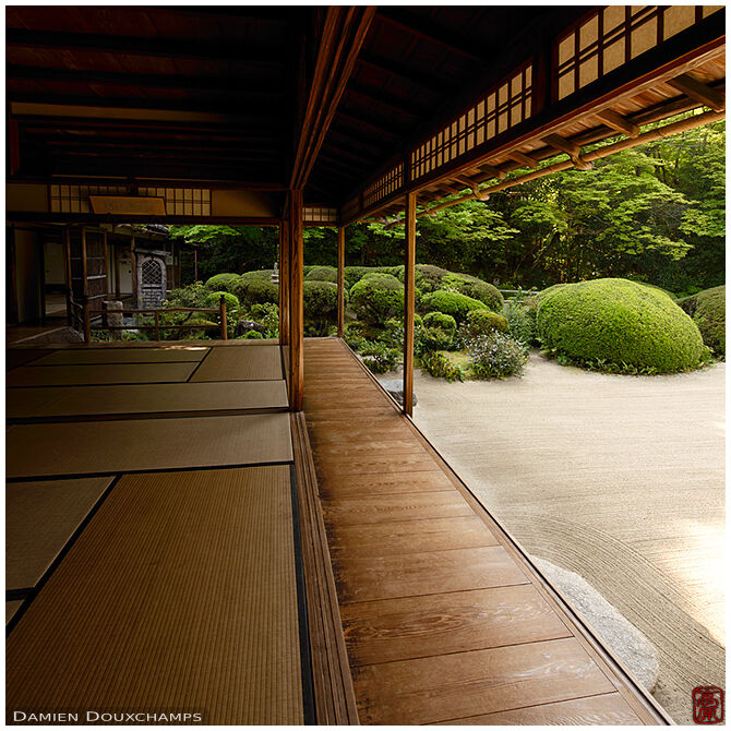 The quiet and empty hall and raked sand garden of Shisendo temple, Kyoto, Japan