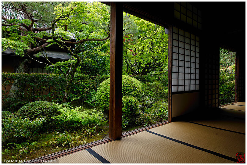 Tatami room with view on green garden, Koto-in temple, Kyoto, Japan
