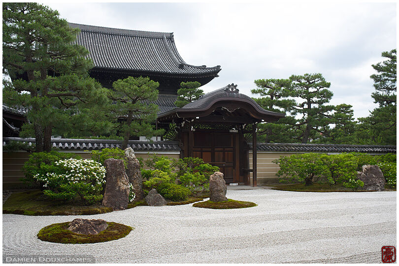 A touch of floral goodness in the exquisite dry landscape garden of Kennin-ji temple, Kyoto, Japan